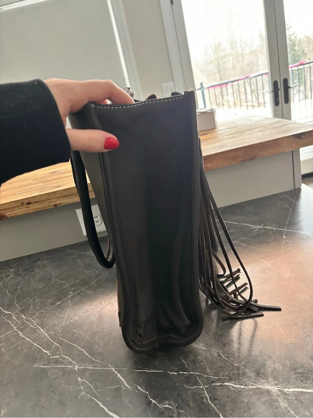 Brown Tooled Floral Fringe Tote Bag